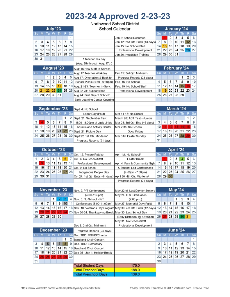 2023-24 Northwood Calendar
